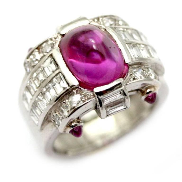 1935 Cabochon Burma Ruby Diamond Ring