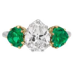 1920s Drop Shape Natural Unenhanced Emerald Old Mine Diamond Ring 10