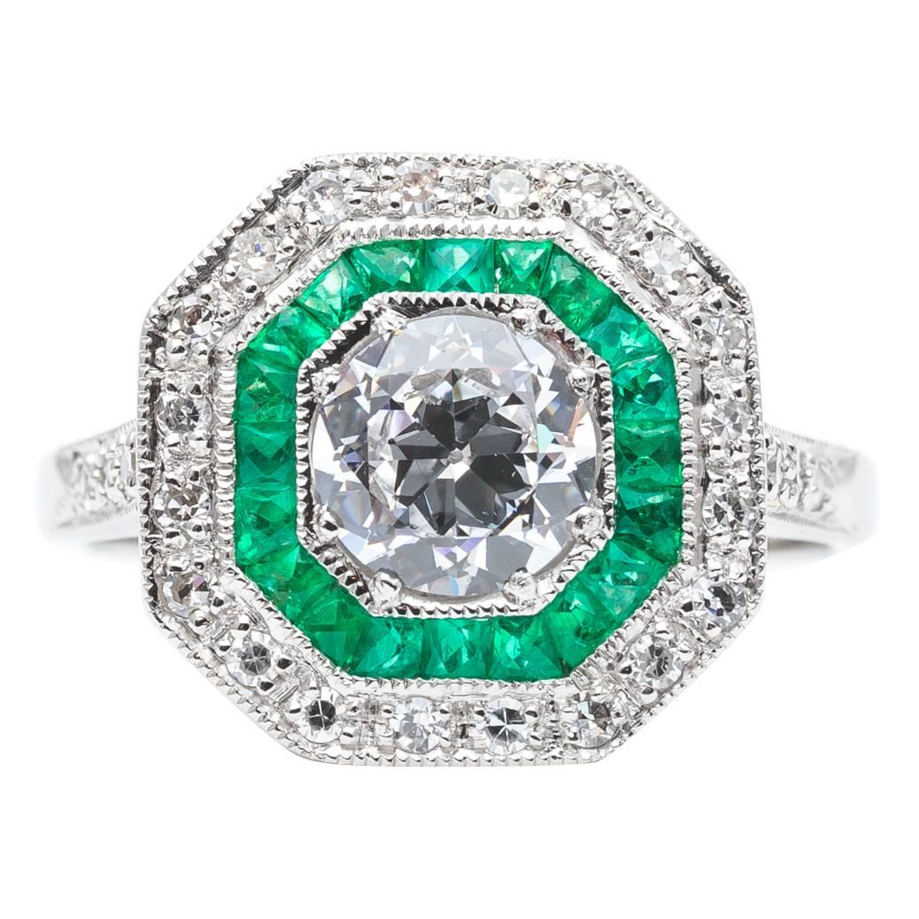Double Halo 0.80 Carat Diamond and Emerald Ring  For Sale