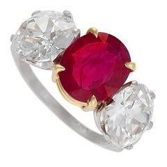Burma Ruby Diamond Platinum Three-Stone Ring