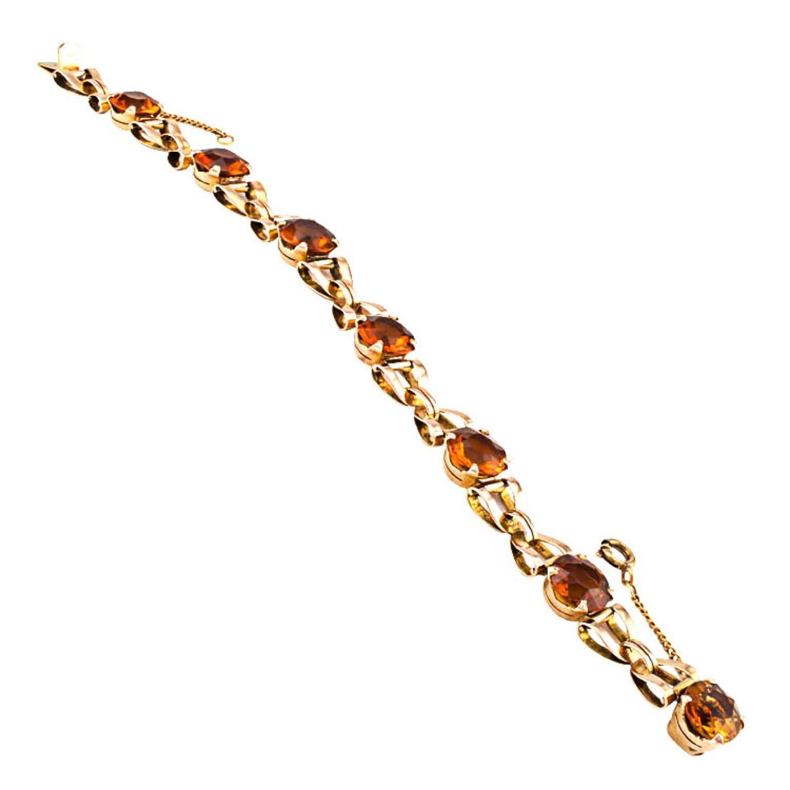 1940s Retro Madeira Citrine Gold Link Bracelet In Excellent Condition In Los Angeles, CA