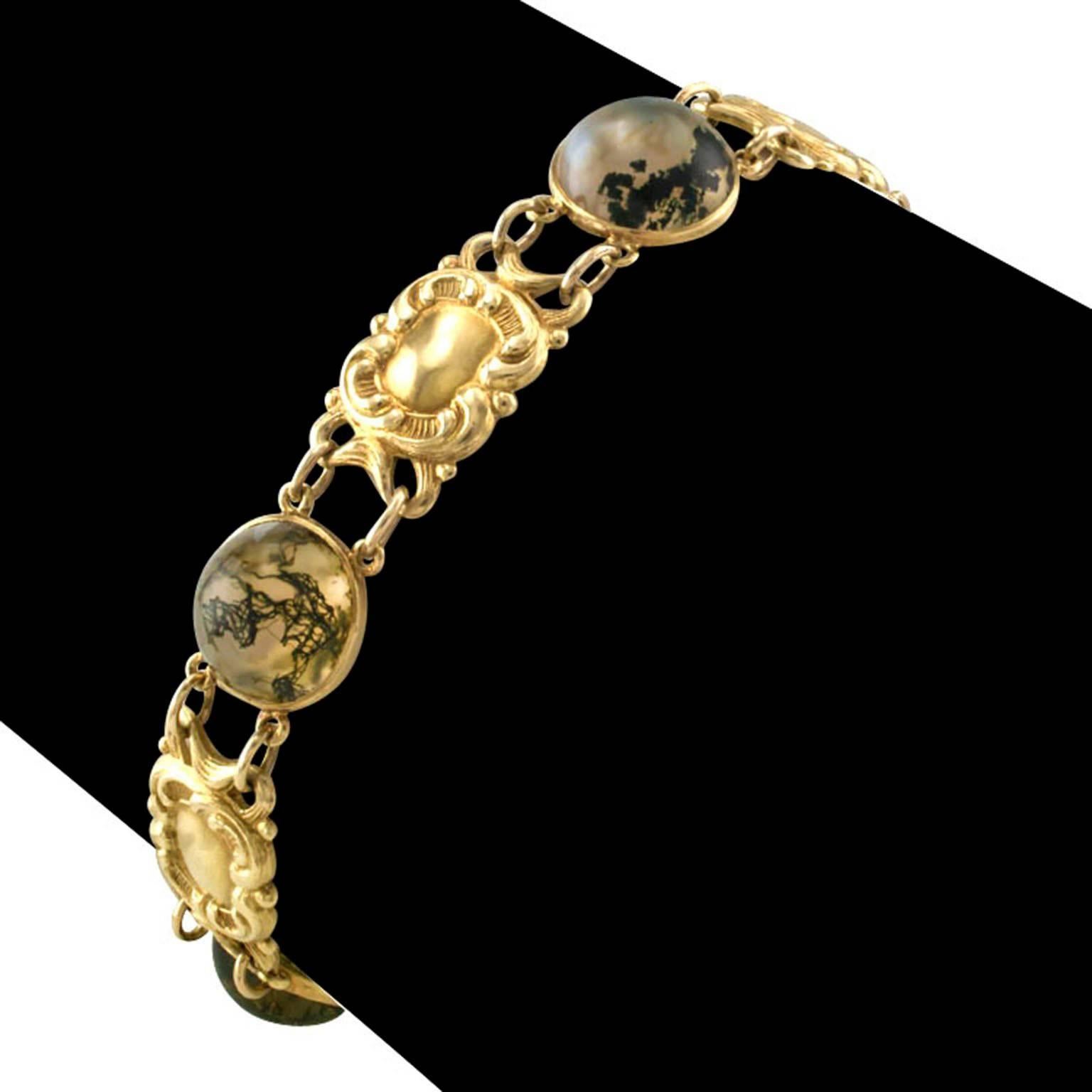 1900s Art Nouveau Moss Agate Gold Bracelet 1