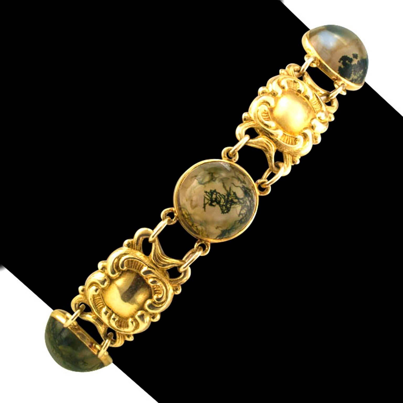 Women's or Men's 1900s Art Nouveau Moss Agate Gold Bracelet
