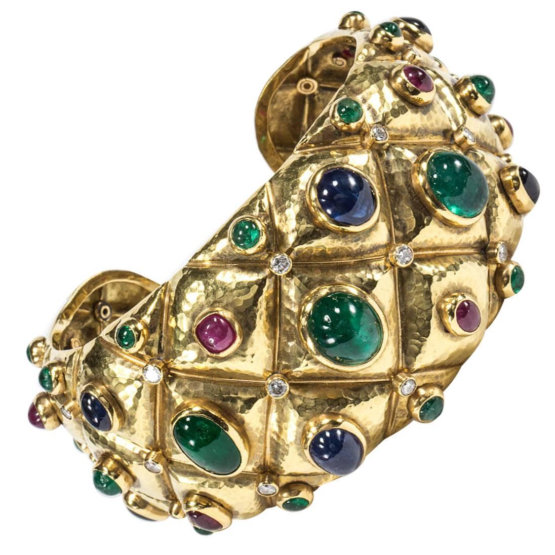 Emerald Ruby Sapphire Diamond Hammered Gold Cuff by Demner For Sale