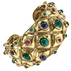 Emerald Ruby Sapphire Diamond Hammered Gold Cuff by Demner