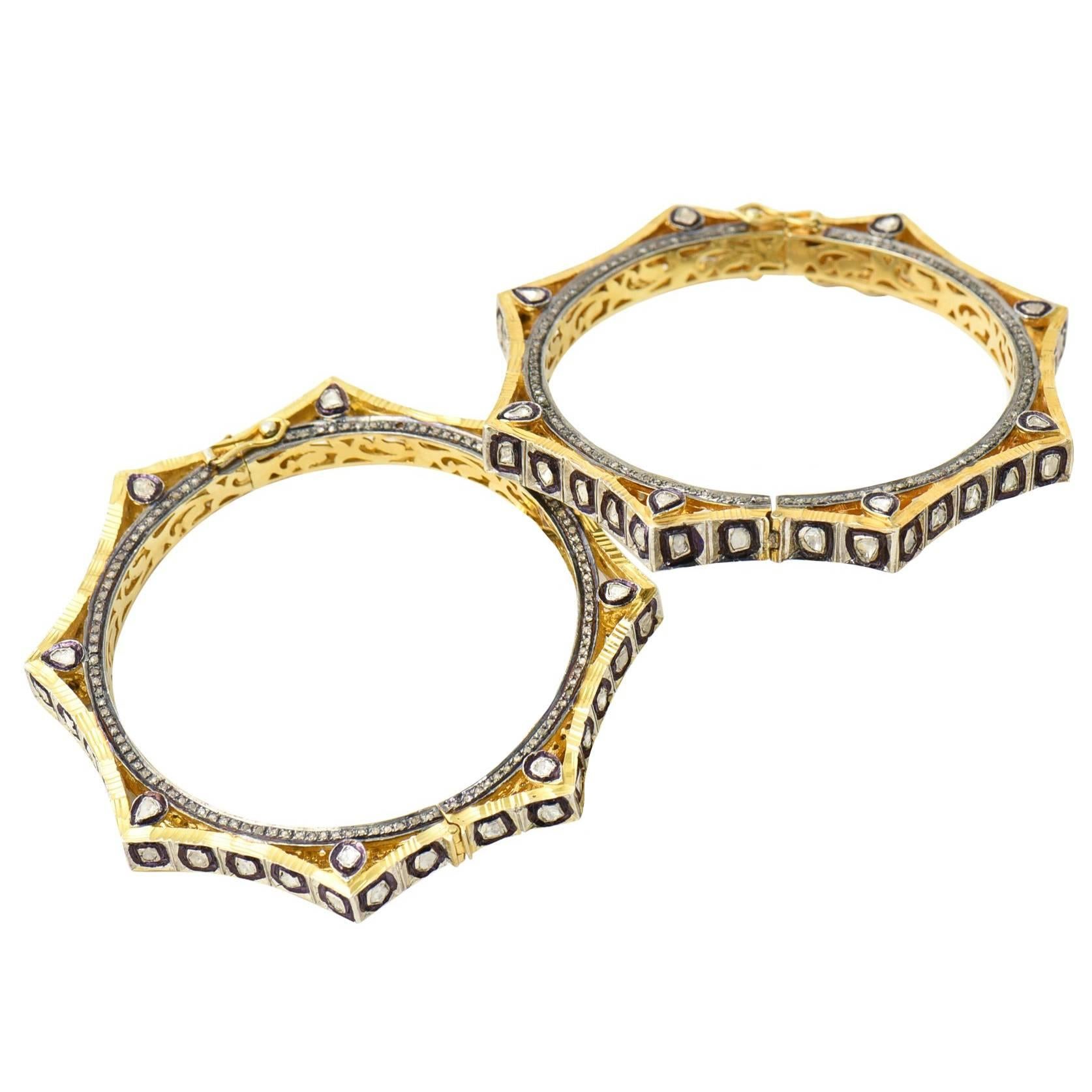 Diamond and Vermeil Bangle Bracelets (2 Available) For Sale