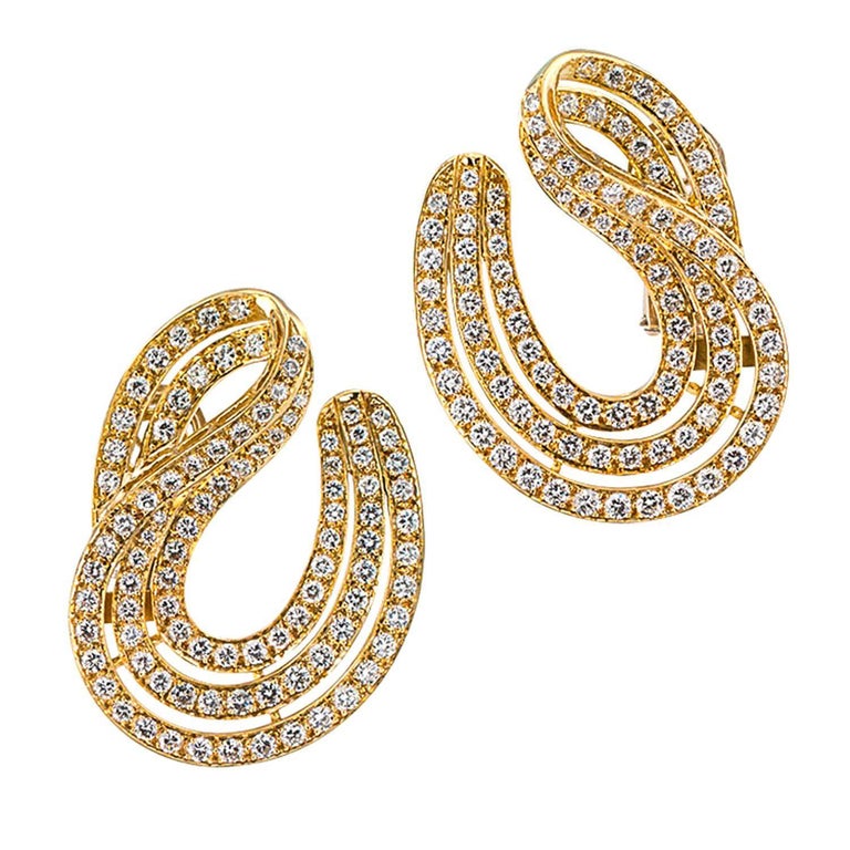 6.50 Carat Diamond Yellow Gold Swirl Earrings For Sale at 1stDibs ...