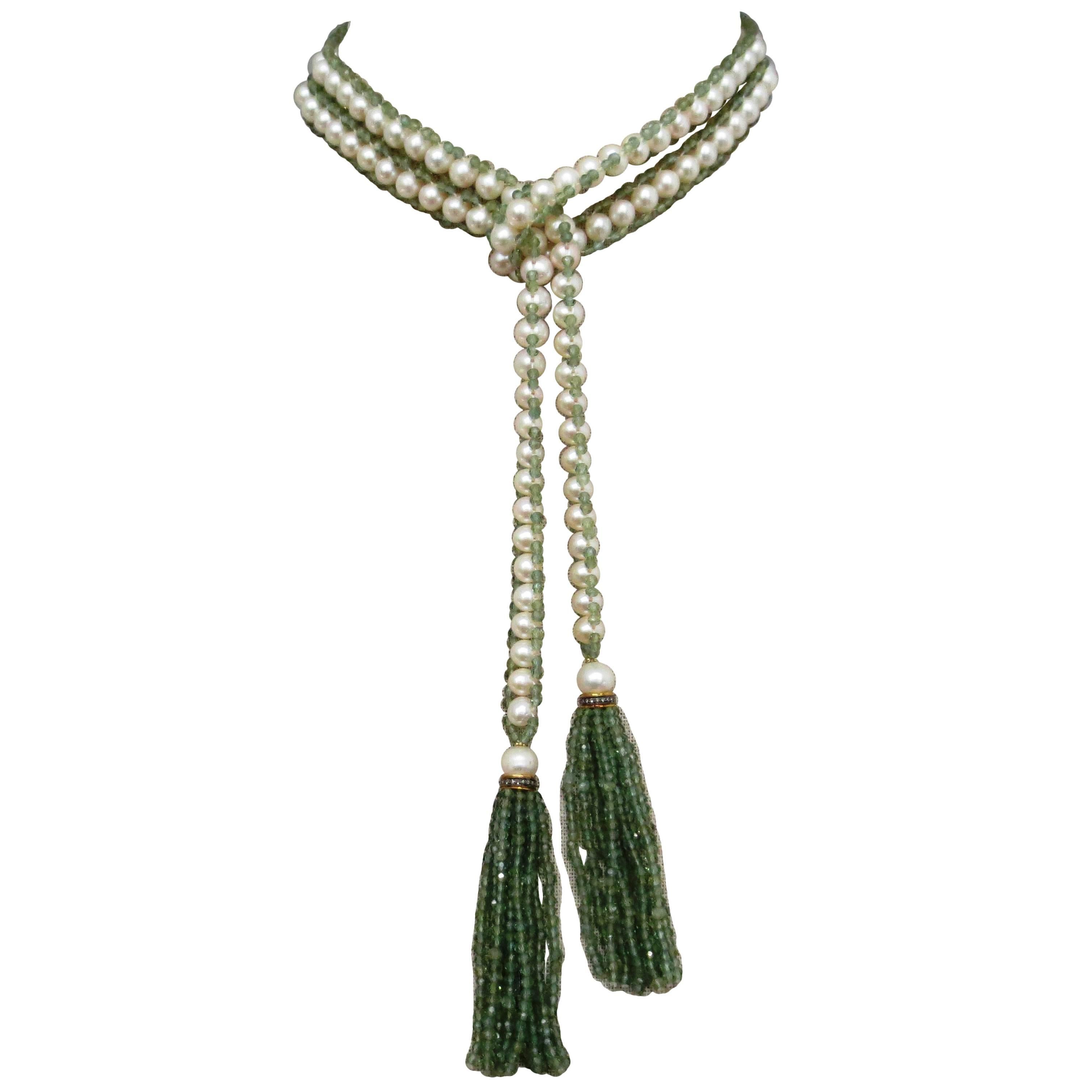 Versatile Pearl and Apatite Bead Sautoir Tassel Necklace with Wedgwood Cameo