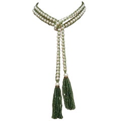 Versatile Pearl and Apatite Bead Sautoir Tassel Necklace with Wedgwood Cameo