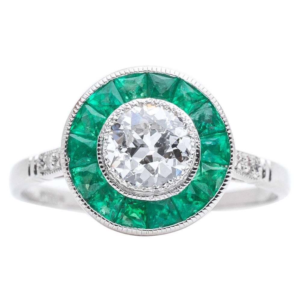 Forest Green Emerald Diamond Platinum Target Ring  For Sale