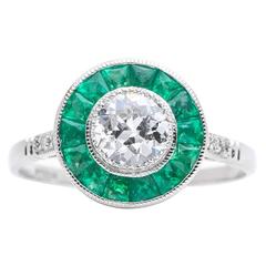 Forest Green Emerald Diamond Platinum Target Ring 