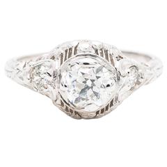 Floral and Heart Motif Diamond Platinum Filigree Engagement Ring