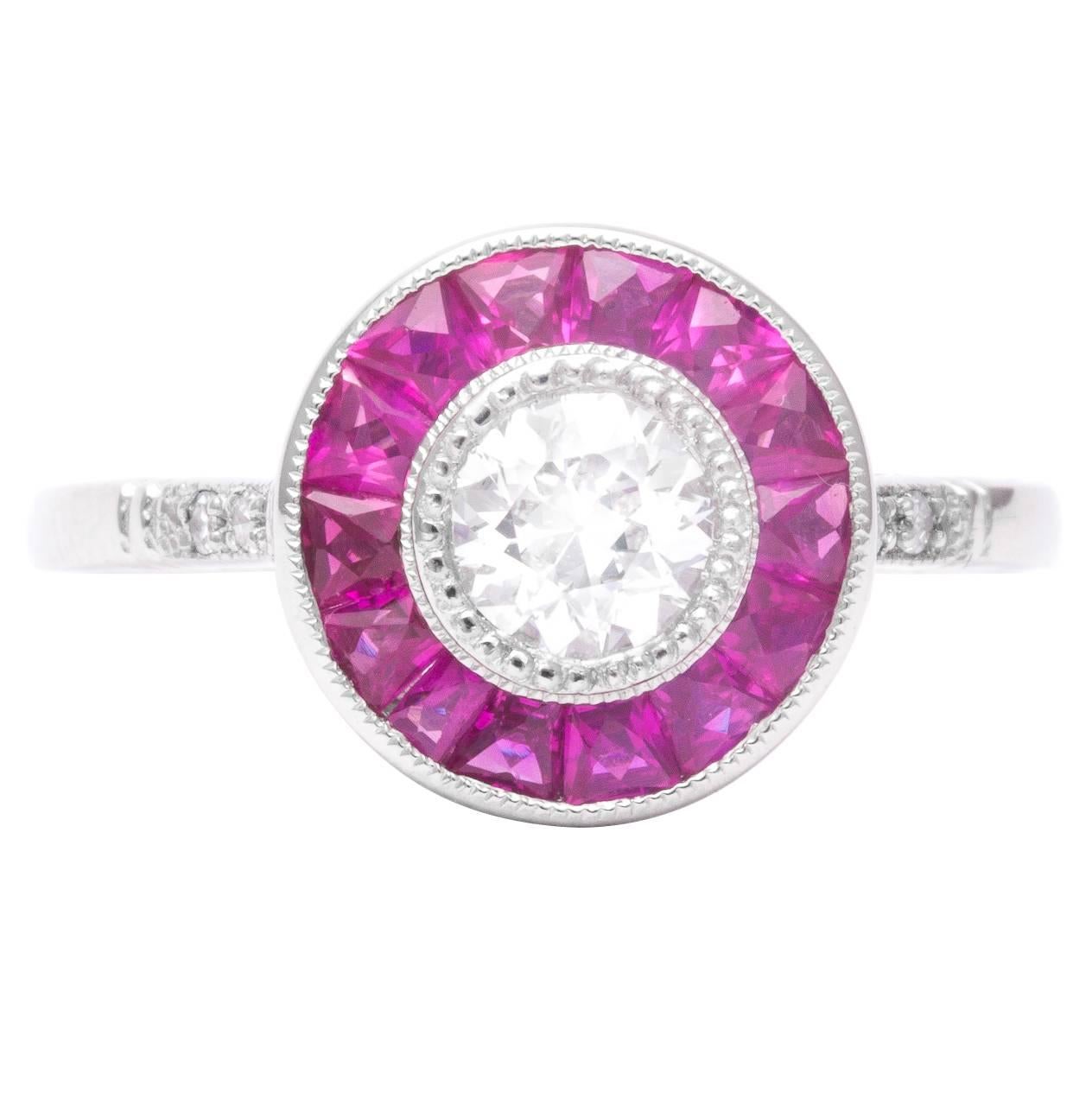 French Cut Ruby and 0.53 Carat Diamond Platinum Target Ring For Sale