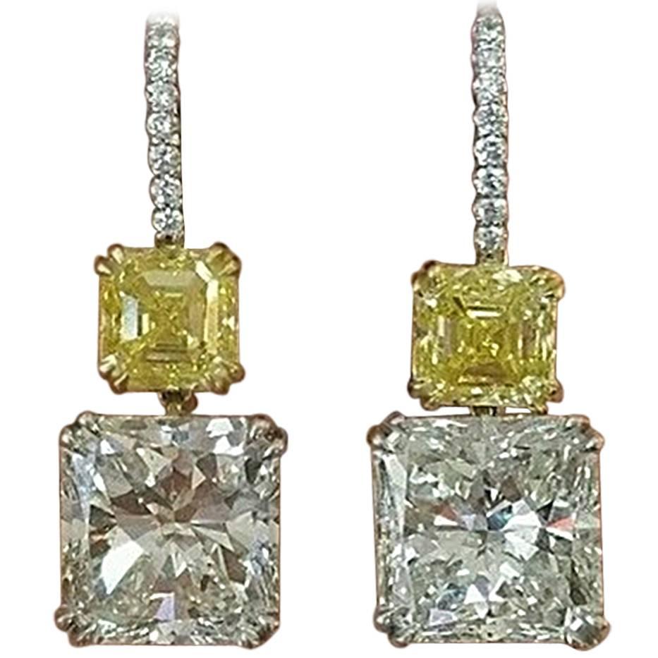 17.14 Carats GIA Cert Radiant and Fancy Yellow Asscher Cut Diamond Drop Earrings For Sale