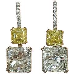 17.14 Carats GIA Cert Radiant and Fancy Yellow Asscher Cut Diamond Drop Earrings