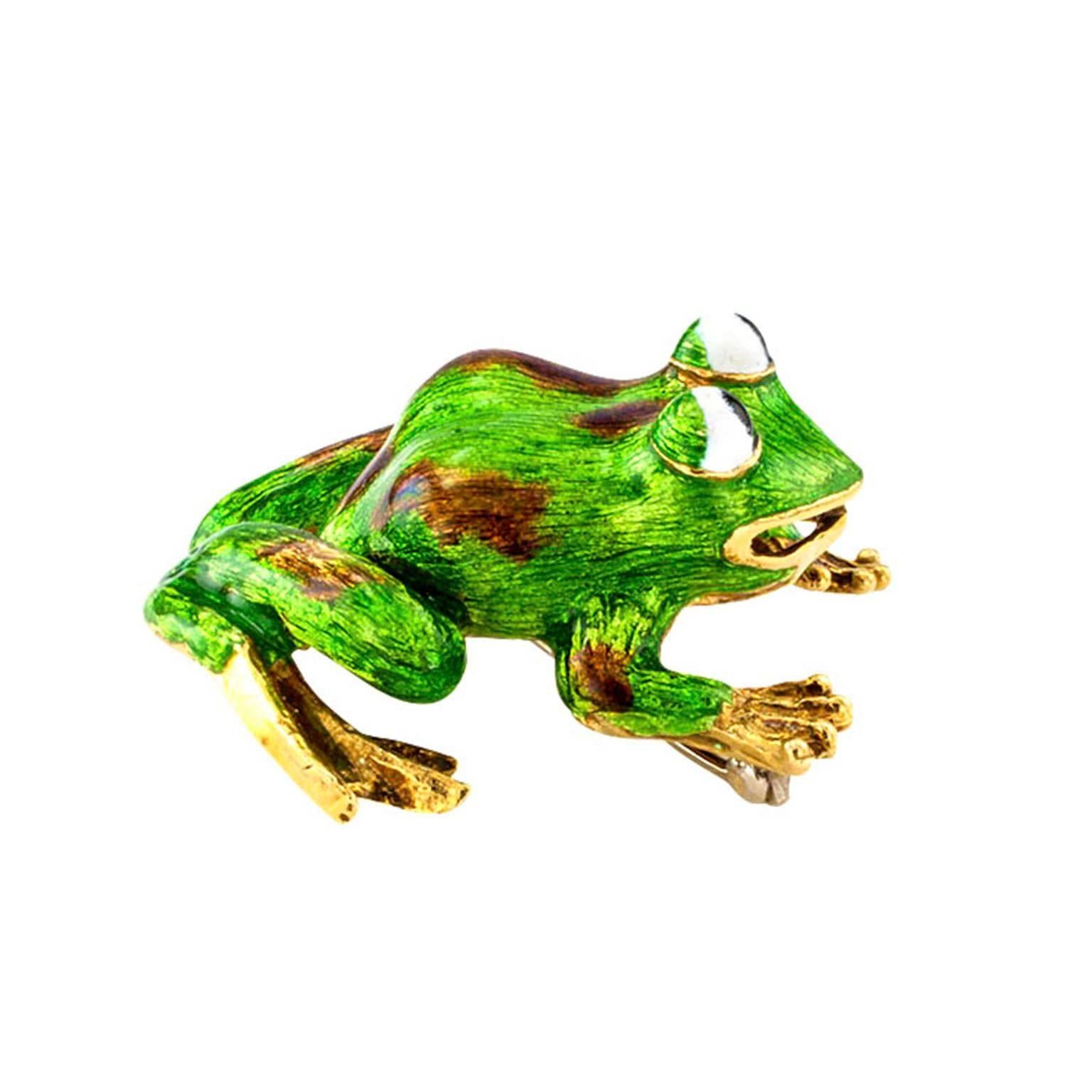 Modern 1960s Martine Green Enamel Gold Frog Brooch