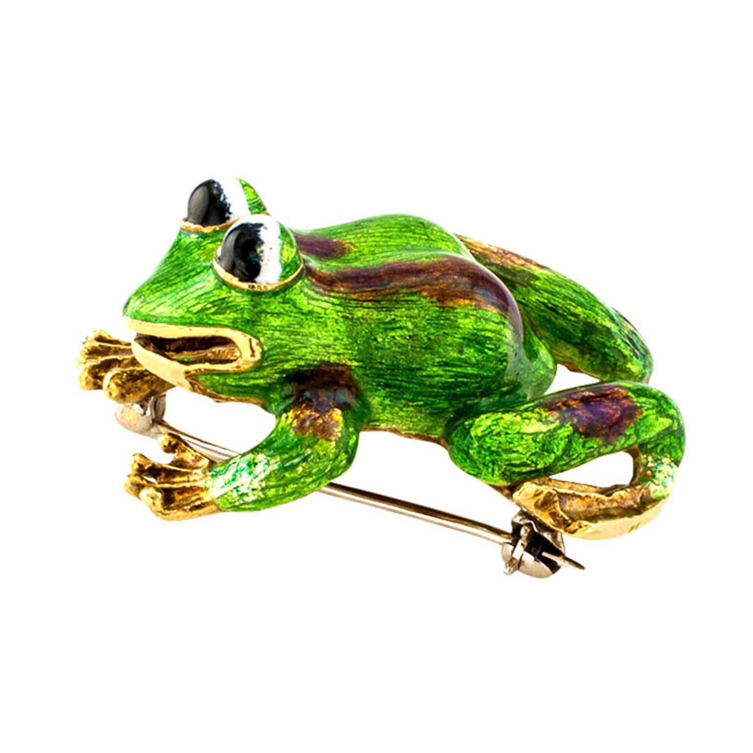 1960s Martine Green Enamel Gold Frog Brooch In Excellent Condition In Los Angeles, CA