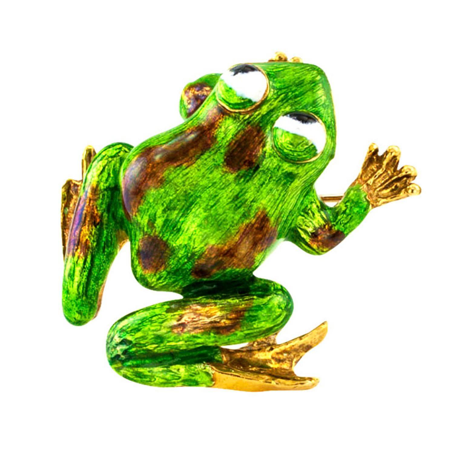 1960s Martine Green Enamel Gold Frog Brooch 1