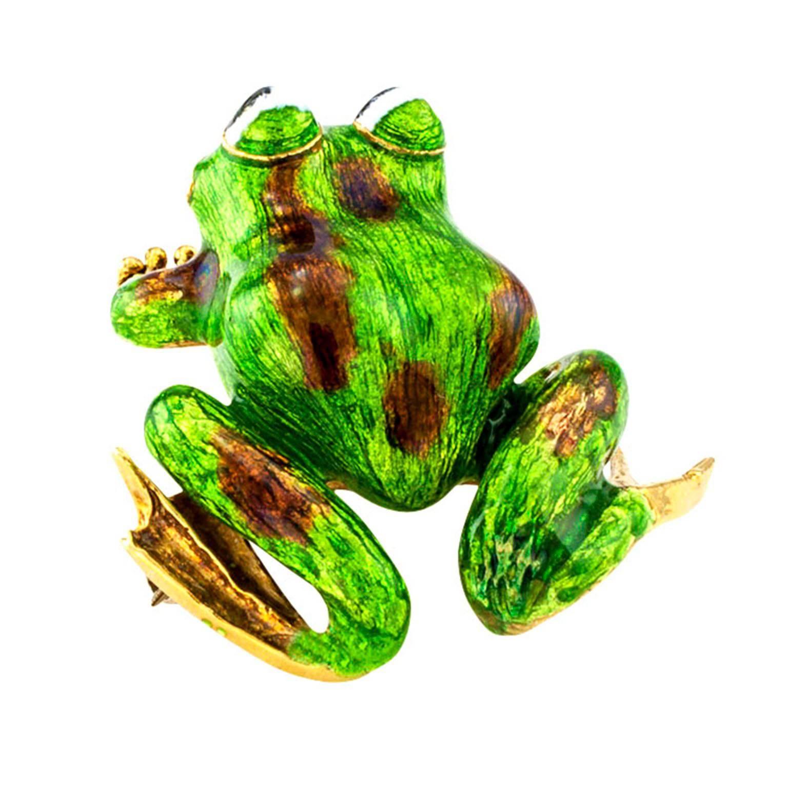 Women's or Men's 1960s Martine Green Enamel Gold Frog Brooch