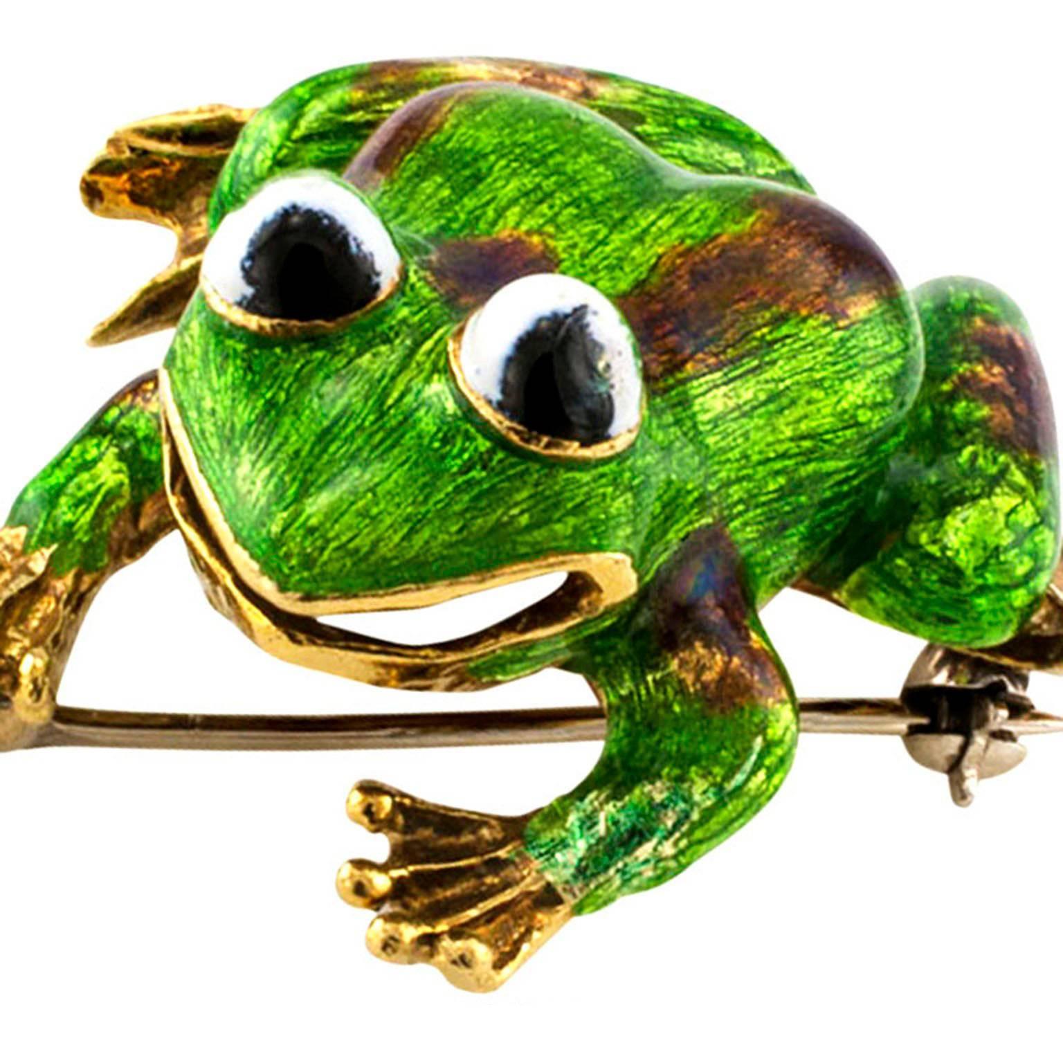 Estate Green Enamel Frog Brooch by Martine Circa 1960

Guilty pleasures, like having solid 18 karat gold pets, refusing to be friends with none but the most civilized of frogs... la dolce vita.  Clad in translucent bright green enamel accented with
