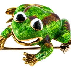 1960s Martine Green Enamel Gold Frog Brooch