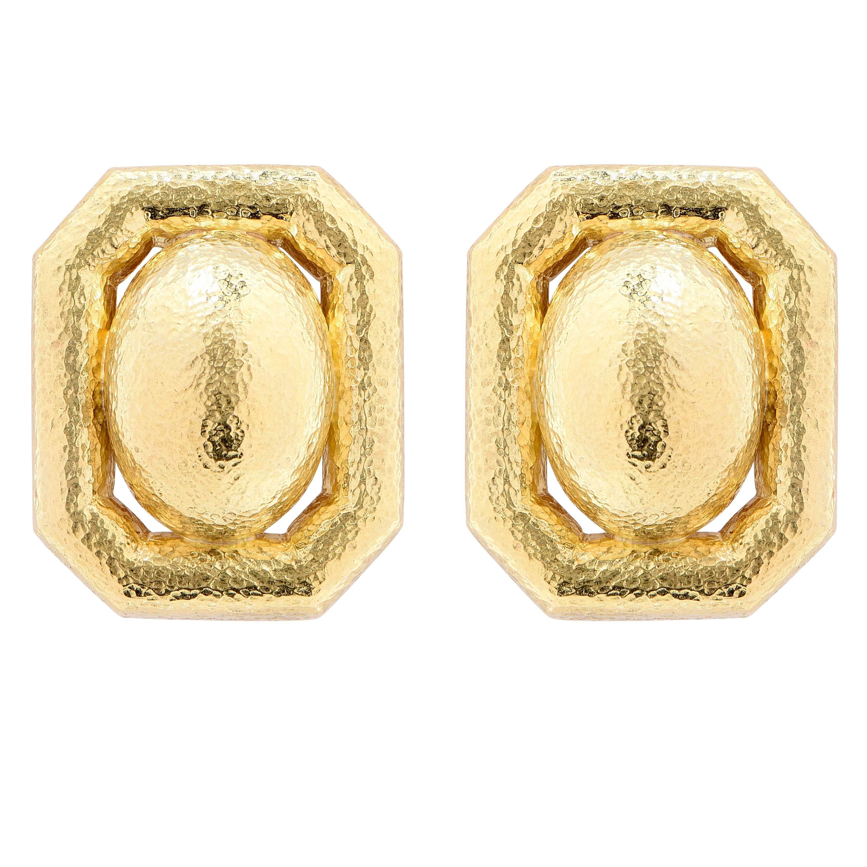 David Webb Hammered Textured Gold Clip Earrings
