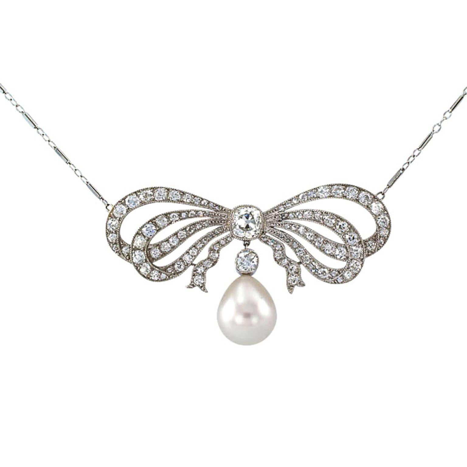 Women's Edwardian South Sea Pearl Diamond Gold Bow Necklace