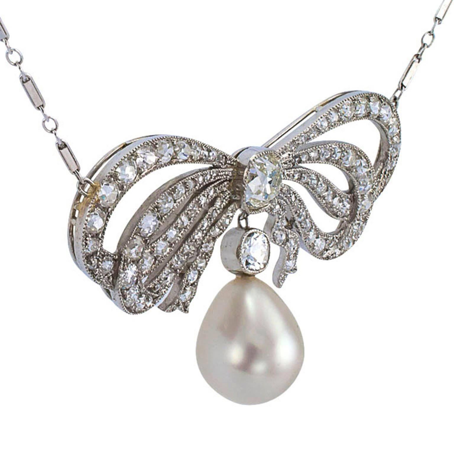 Edwardian South Sea Pearl Diamond Gold Bow Necklace 1
