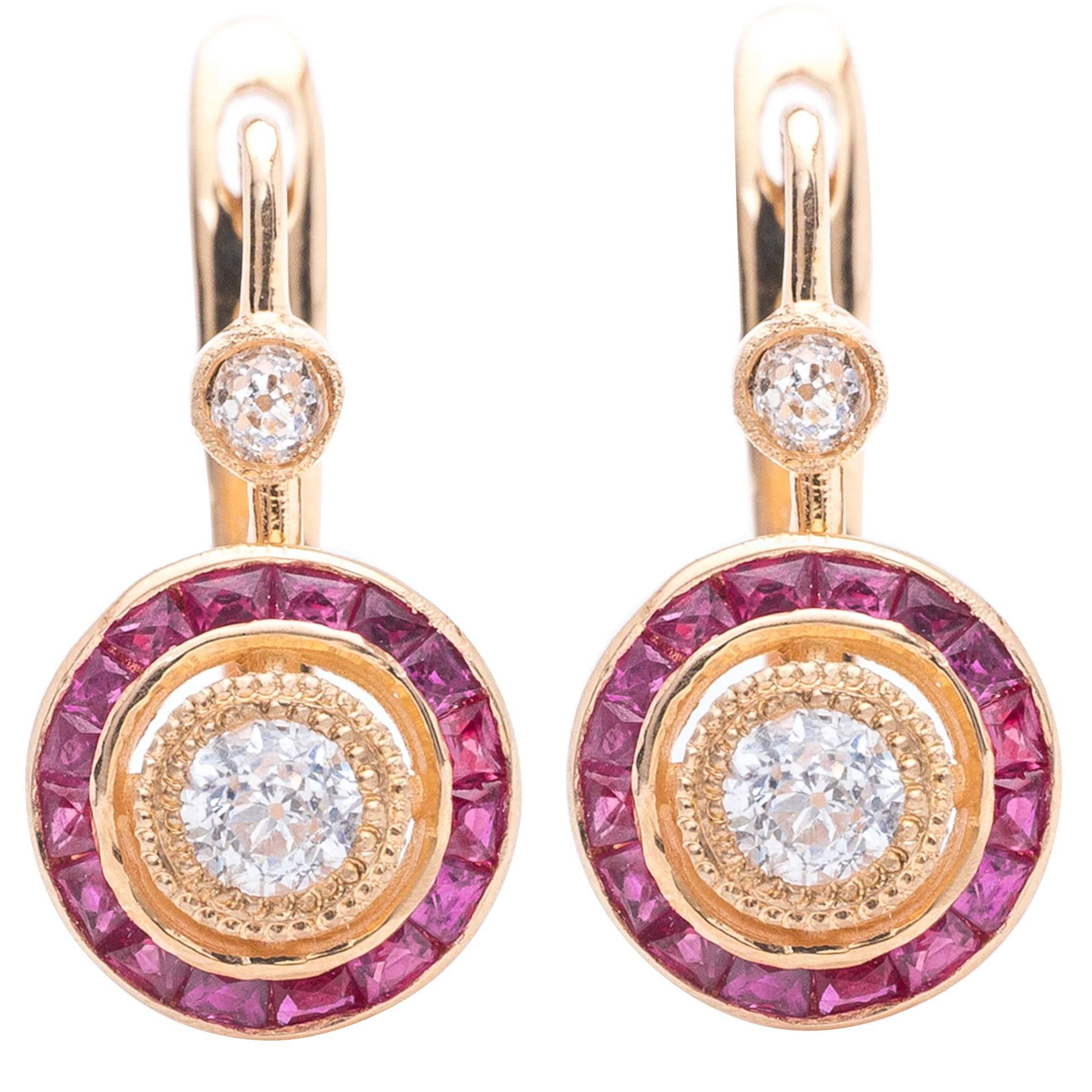 Striking French Cut Ruby and Diamond Gold Earrings For Sale