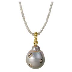 Faye Kim Diamond Gold Tahitian Pearl Pendant on Diamond Bead Necklace