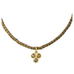 Faye Kim Milky Diamond Gold Pendant on Braided Leather Cord 2