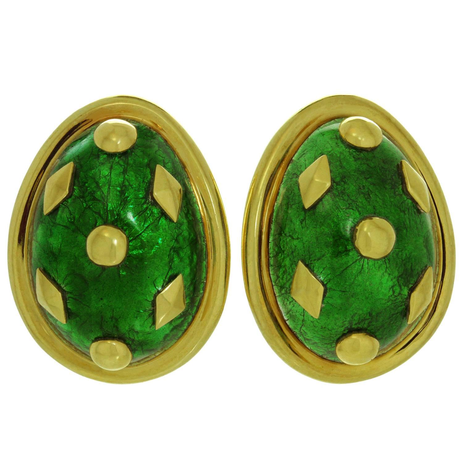 Tiffany & Co. Schlumberger Dot Losange Green Enamel Gold Clip-on Earrings