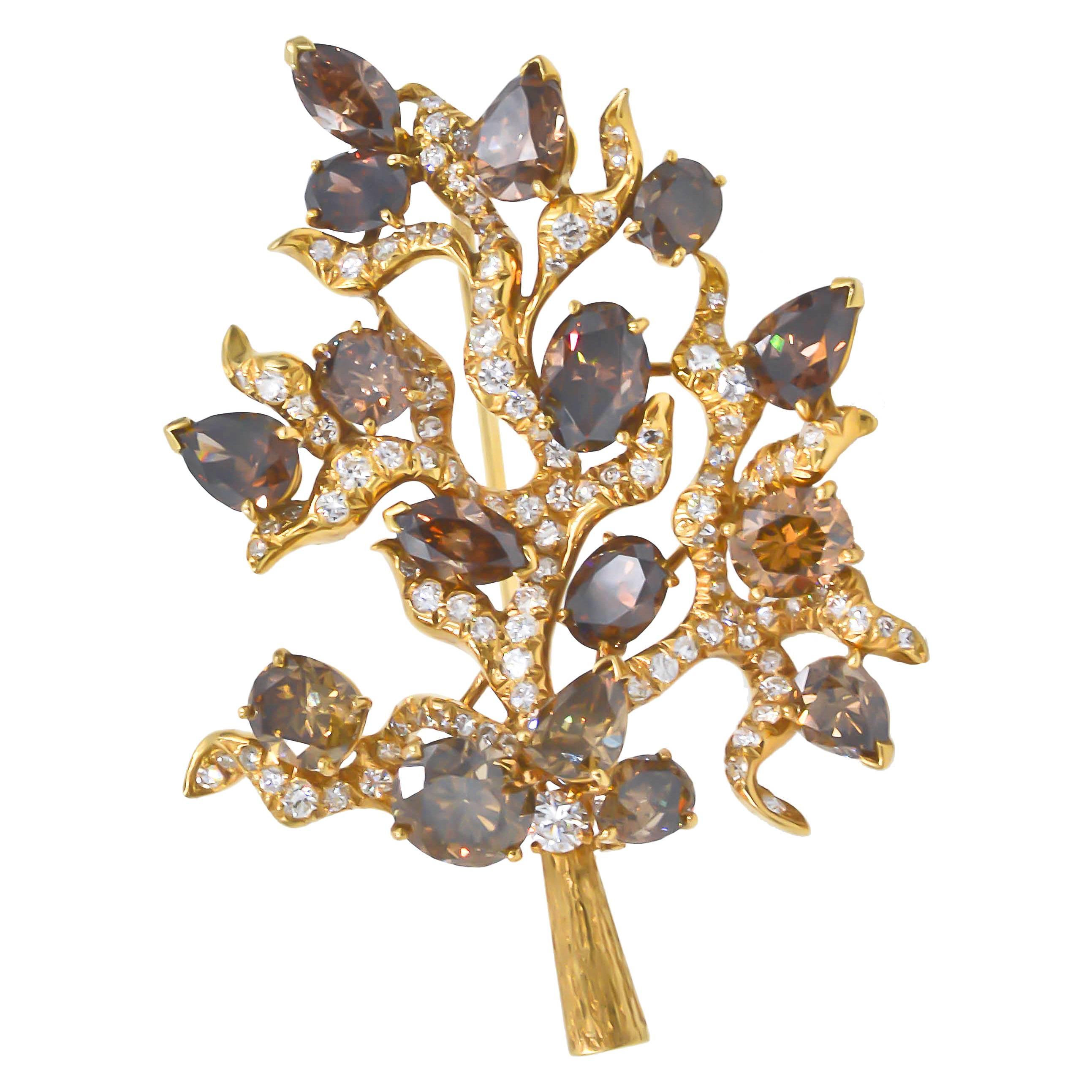 Julius Cohen Natural Fancy Cognac Diamond Gold Tree Brooch