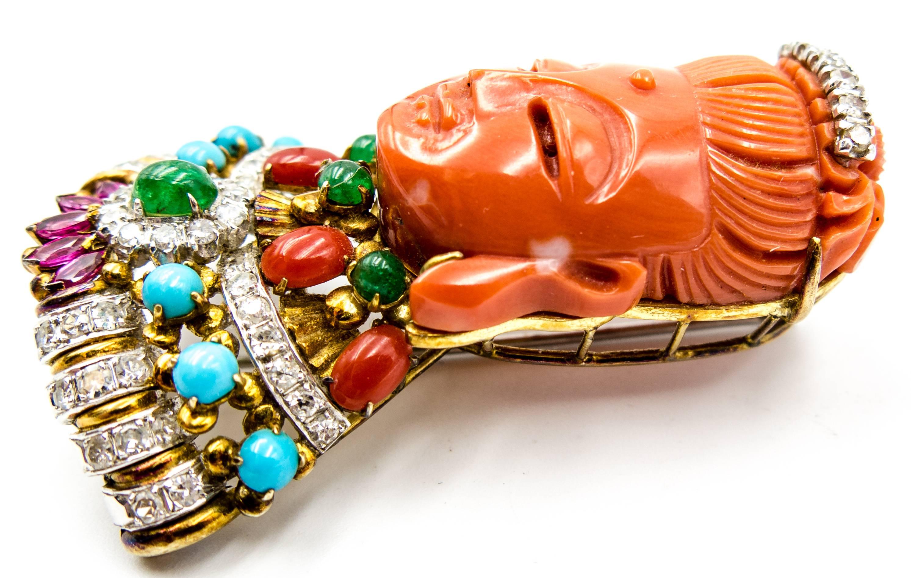 Bejewelled Coral Goddess Guan of Mercy Brooch at 1stDibs
