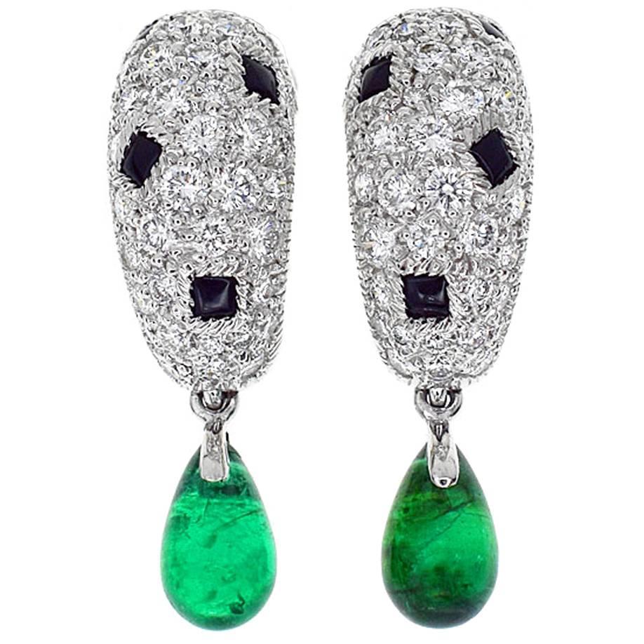 Cartier Panthere Onyx Emerald Diamond Gold Earrings For Sale at 1stdibs