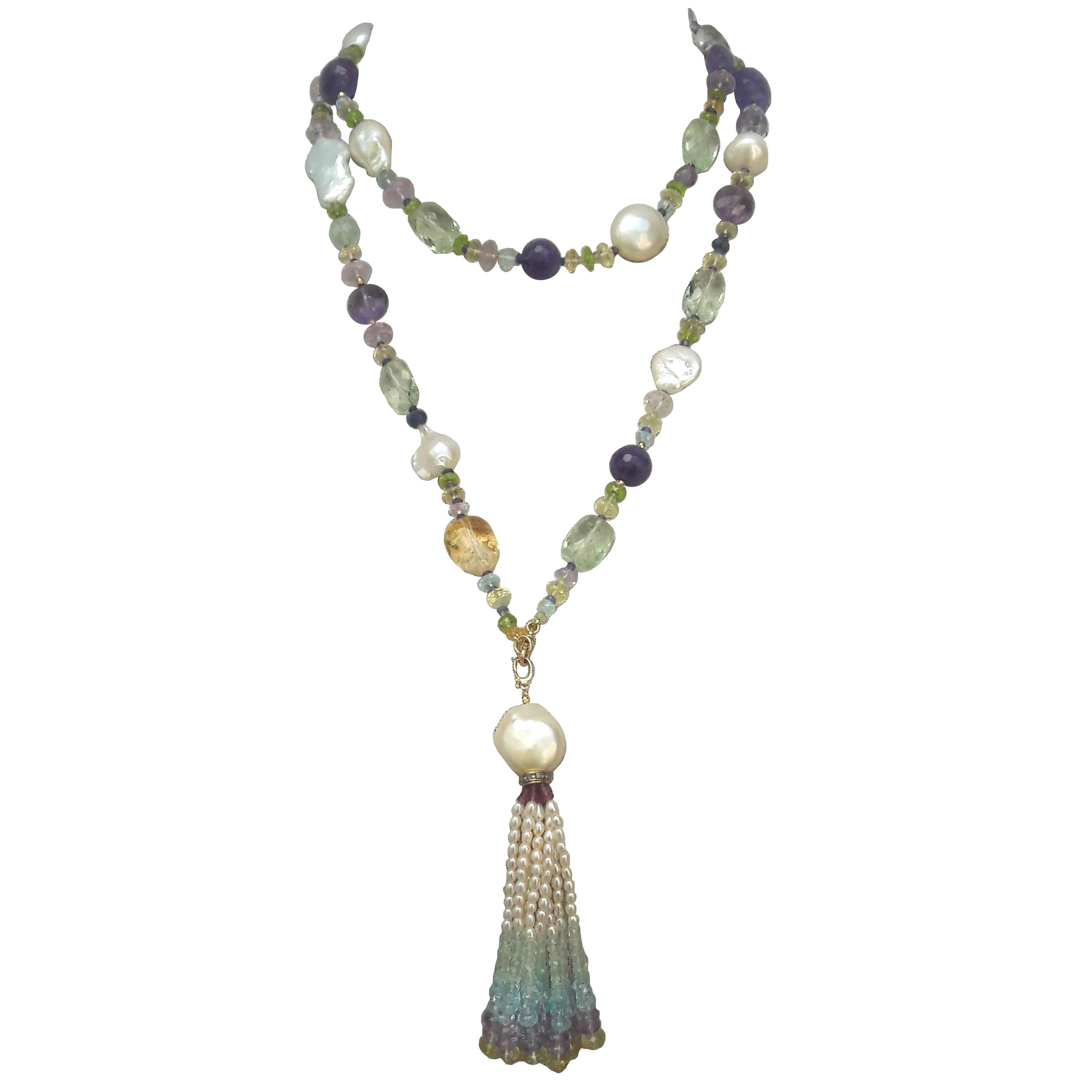 Pearl and Semiprecious Gemstones Long Lariat Necklace, 14K Gold Clasp & Tassel