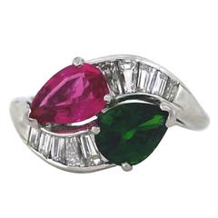 Vintage Vibrant Green and Pink Tourmaline Diamond Platinum Bypass Ring