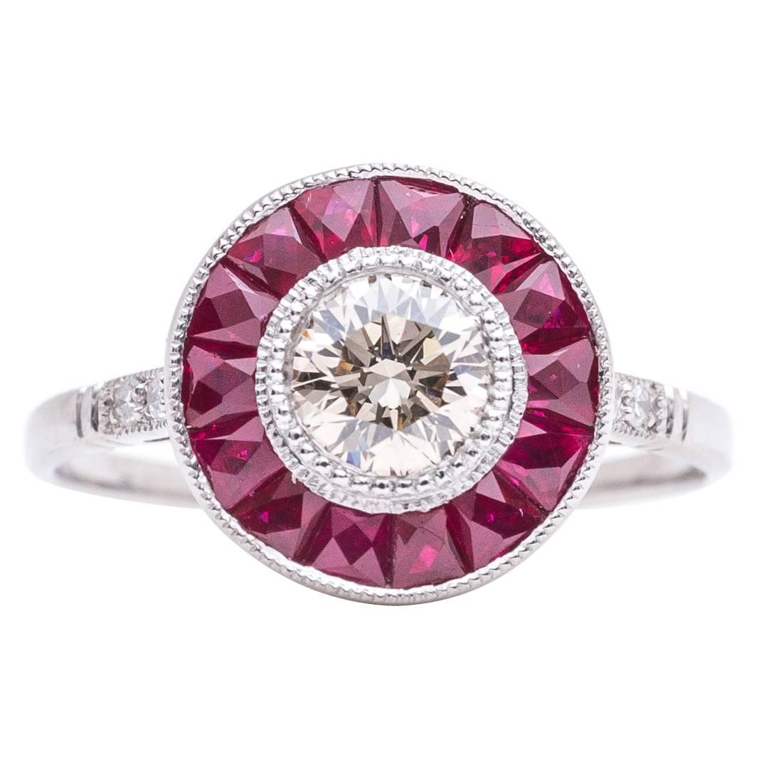 Ravishing Ruby and Champagne Diamond Target Ring in Platinum For Sale
