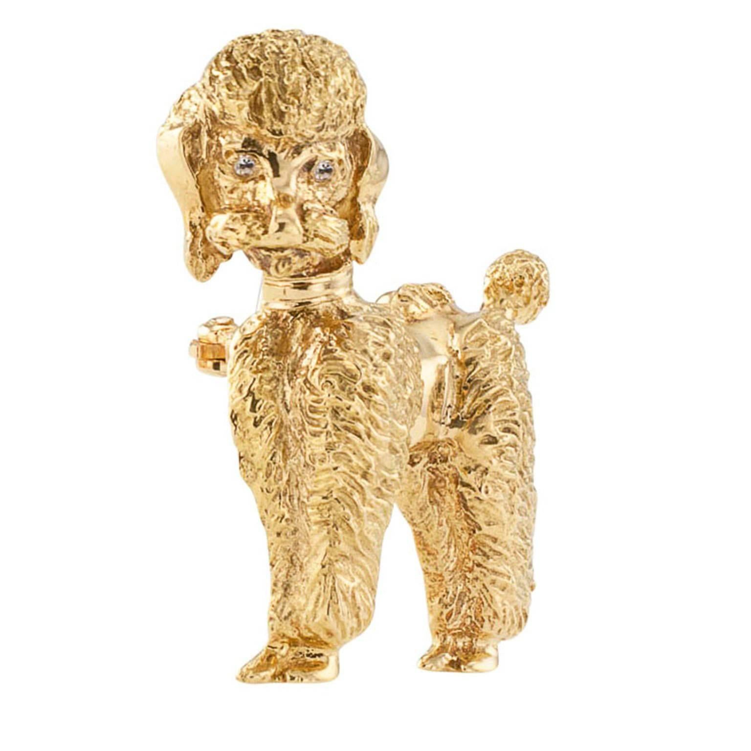 Round Cut 1950s Yellow Gold Poodle Brooch with Diamond Eyes