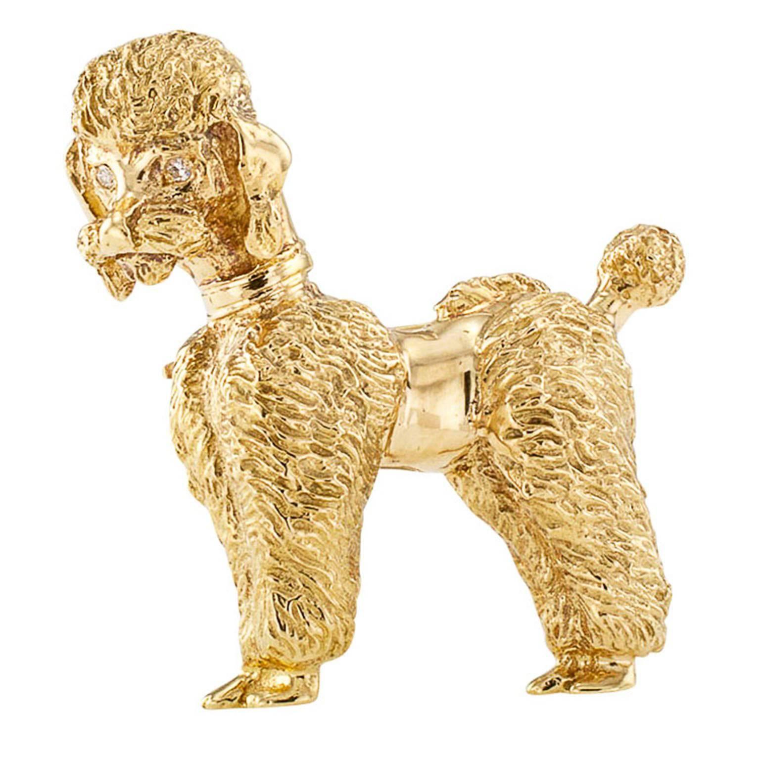 1950s Yellow Gold Poodle Brooch with Diamond Eyes In Good Condition In Los Angeles, CA