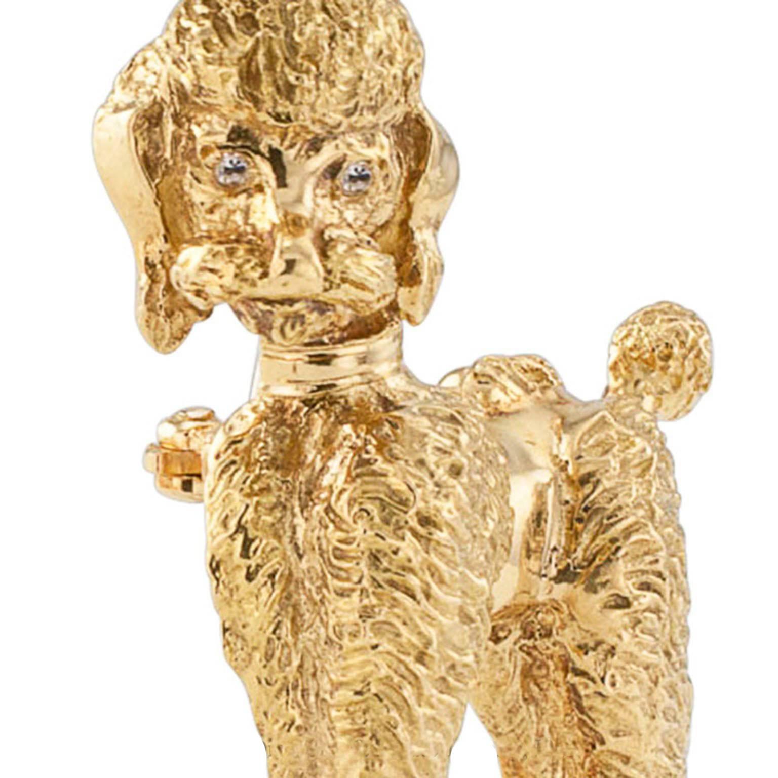 Modern 1950s Yellow Gold Poodle Brooch with Diamond Eyes