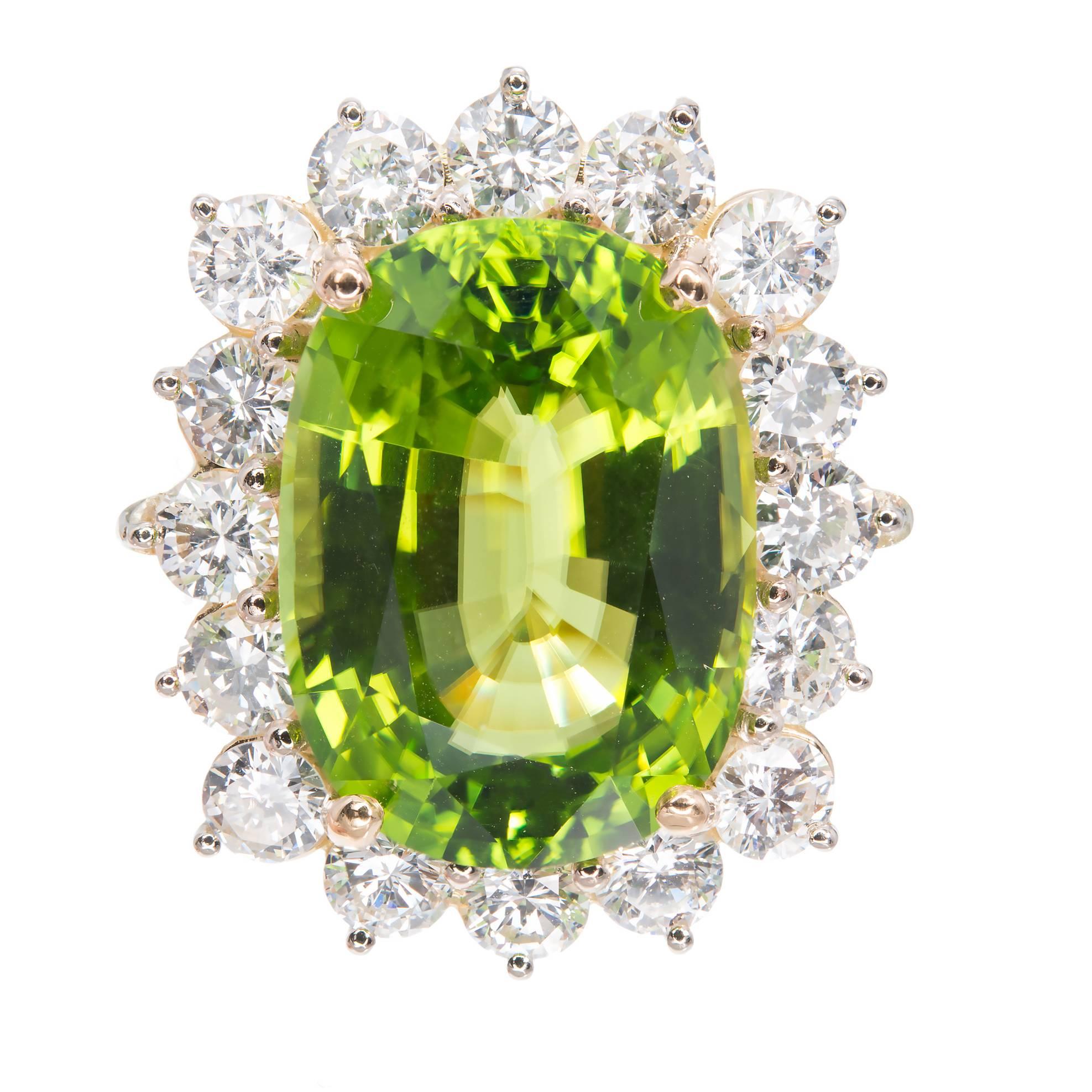 Peter Suchy 14.83 Carat GIA Cert Peridot Diamond Halo Gold Cocktail Ring For Sale