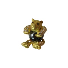 Hematite Emerald Diamond Gold Bear Pin 