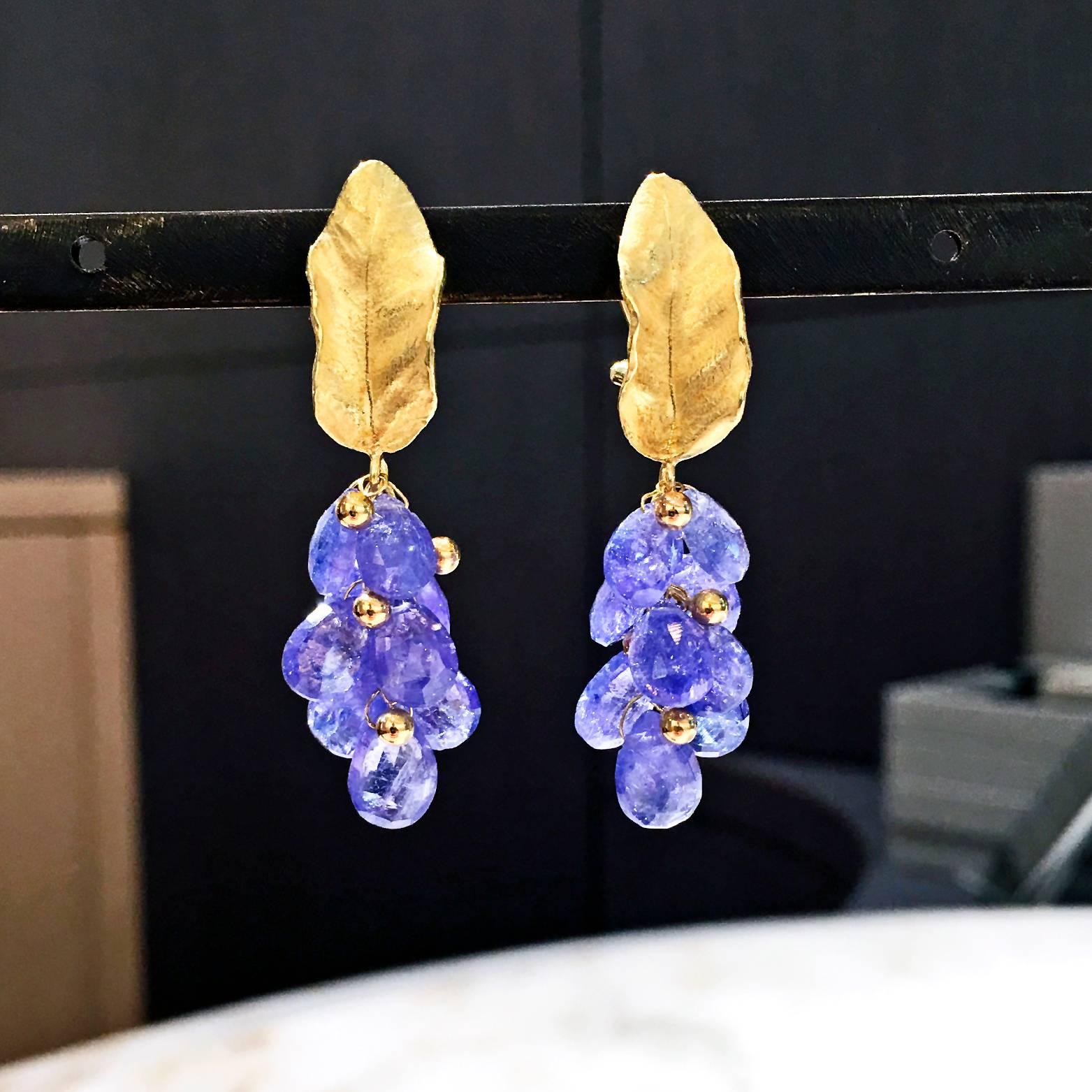 Artist Barbara Heinrich Tanzanite Briolette Gold Cluster Dangle Clip Earrings