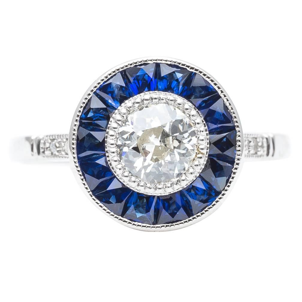 Vivid Blue French Cut Sapphire and Diamond Target Ring in Platinum For Sale