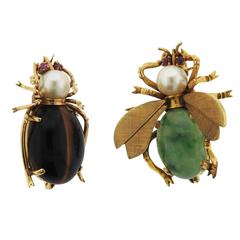 Antique Jade Tiger's Eye Ruby Pearl Gold Insect Brooch Pin Set