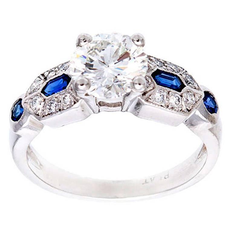 1.27 Carat Diamond Sapphire Platinum Engagement Ring For Sale