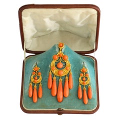 1850s Carved Coral and Gold Pendant Brooch and Earrings Suite