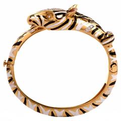 1960s Enamel Gold Zebra Animal Bangle Bracelet 12