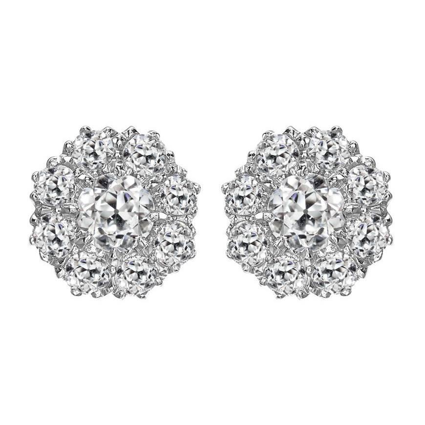 Pair of Old Cut Diamond Cluster Earrings For Sale